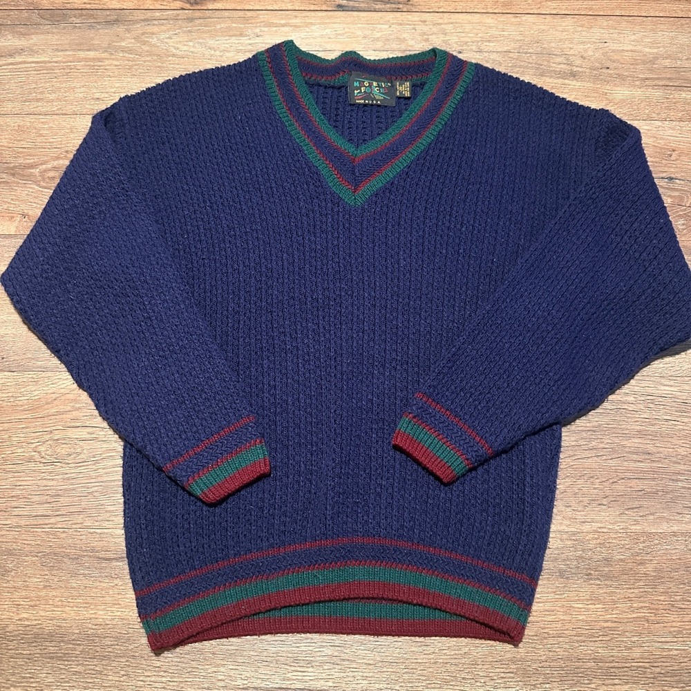 Vintage Magnetic Force Navy Blue Striped V-Neck Knit Sweater Mens Size 20/L - Picture 2 of 6